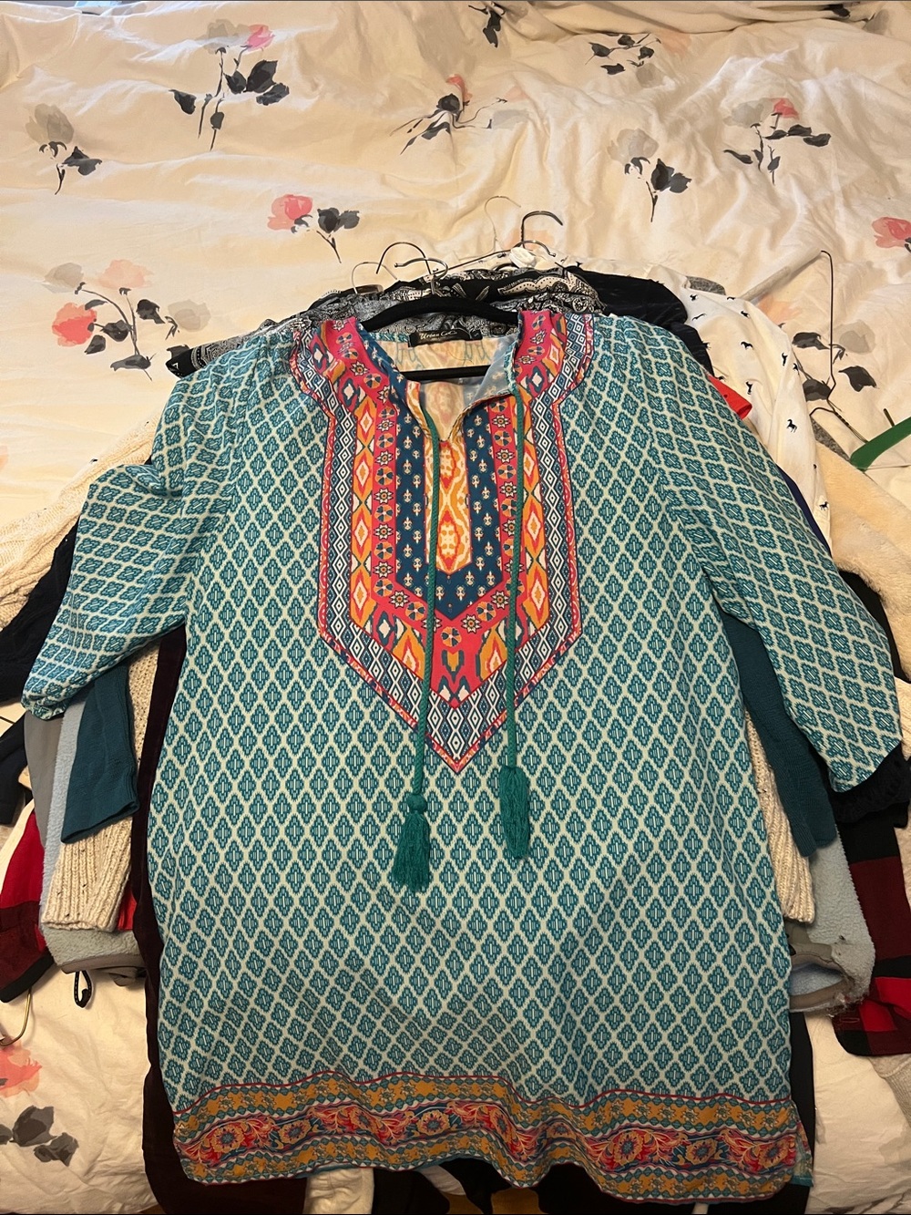 Embroidered Teal Tunic cover up with Tassel Tie